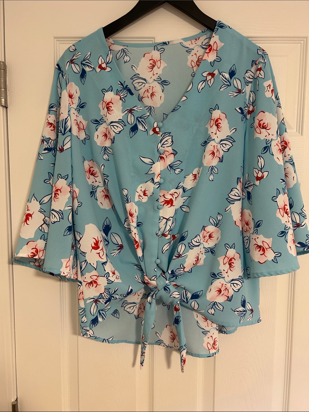 Amazon Light Blue Floral Tie-Front Blouse